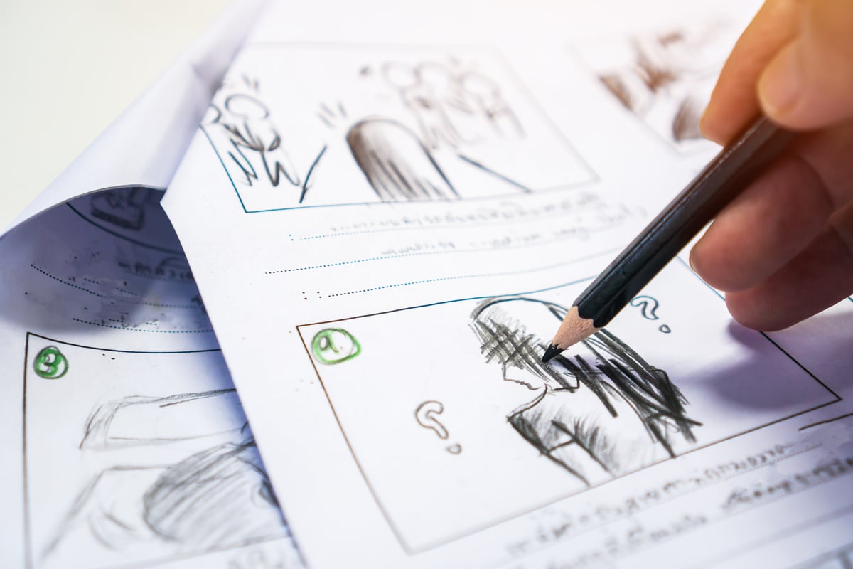 Hands on Storyboard moive layout for pre-production, storytelling drawing creative for process production media films. Script video editors and writing graphic in form displayed in maker shooting